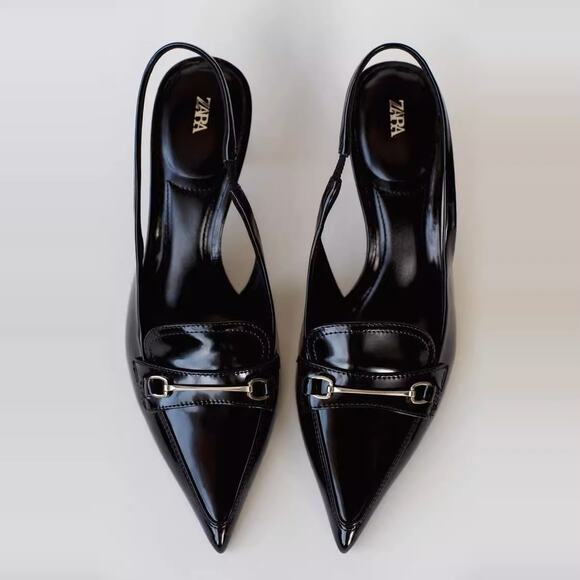 Zara NWT Black Glossy Buckle Slingback Pointed Toe Heels